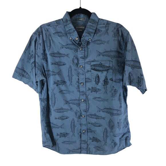 Eddie Bauer Mens Button Down Shirt Fish Print Lightweight Cotton Blue M - Picture 1 of 5